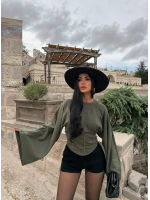 Haki Kolları Volanlı Korse Sweat