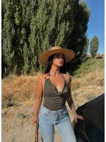 Haki Tek Omuz Aksesuarlı Degaje Crop