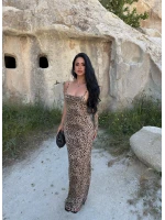 İp Askılı Leopar Elbise