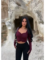 Kahve Aden Büzgülü Crop Bluz