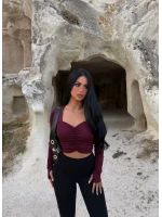 Kahve Aden Büzgülü Crop Bluz
