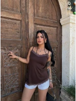 Kahve Asimetrik Dantelli Bluz