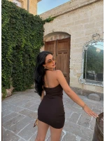 Kahve Boyundan Geçmeli Modal Elbise