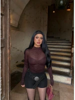 Kahve Büzgülü Transparan Bluz