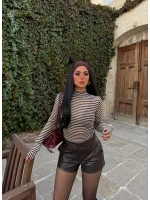 Kahve Çizgili Balıkçı Yaka Bluz