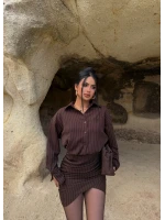 Kahve Çizgili Gömlek Elbise