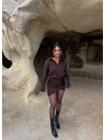 Kahve Çizgili Gömlek Elbise