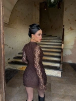 Kahve Damla Yaka Dantel Detay Elbise