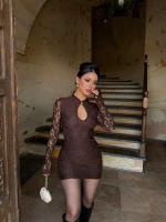 Kahve Damla Yaka Dantel Detay Elbise