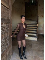 Kahve Damla Yaka Dantel Detay Elbise