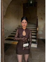 Kahve Damla Yaka Dantel Detay Elbise