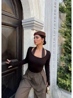 Kahve Dantel Detaylı Kare Yaka Bluz