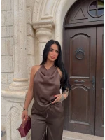 Kahve Degaje Yaka Saten İkili Takım