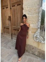 Kahve Dubai Güpürlü Maxi Elbise