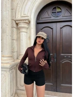 Kahve Fermuarlı Dik Yaka Crop