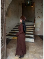 Kahve Fitilli Triko Maxi Elbise