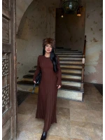 Kahve Fitilli Triko Maxi Elbise