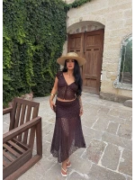 Kahve Güpürlü Etek Crop İkili Takım