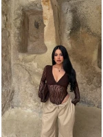 Kahve İçi Astarlı Güpürlü Bodysuit