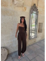 Kahve İp Askılı Drapeli Tulum