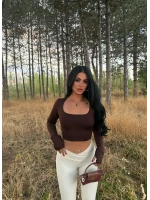 Kahve Kare Yaka Çift Kat Crop