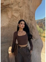 Kahve Kare Yaka Çift Kat Crop