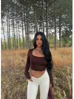 Kahve Kare Yaka Çift Kat Crop