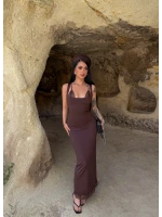 Kahve Kare Yaka Güpürlü Maxi Elbise