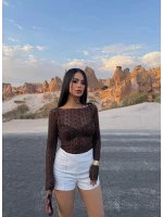 Kahve Kayık Yaka Güpürlü Bluz