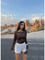 Kahve Kayık Yaka Güpürlü Bluz
