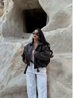 Kahve Kemerli Yarasa Kol Deri Mont