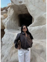 Kahve Kemerli Yarasa Kol Deri Mont