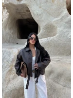 Kahve Kemerli Yarasa Kol Deri Mont