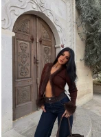 Kahve Kürk Detaylı Triko Hırka