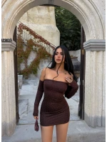 Kahve Madonna Taşlı Mini Elbise
