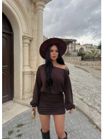 Kahve Modal Düşük Omuz Elbise
