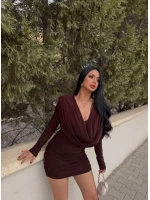 Kahve Omuz Vatkalı Degaje Elbise
