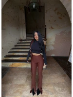 Kahve Ön Yırtmaçlı Fitilli Pantolon