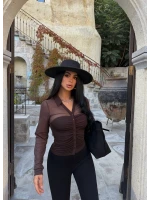 Kahve Polo Yaka Crop Gömlek