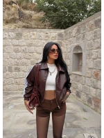 Kahve Retro Şeritli Deri Ceket