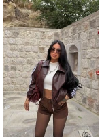 Kahve Retro Şeritli Deri Ceket