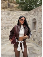 Kahve Retro Şeritli Deri Ceket