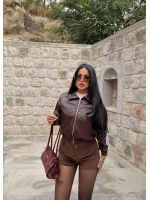 Kahve Retro Şeritli Deri Ceket