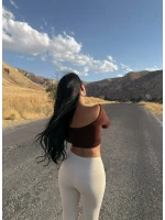Kahve Sırt Dekolte Kare Yaka Crop