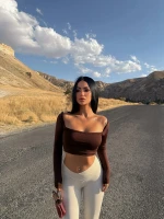 Kahve Sırt Dekolte Kare Yaka Crop