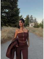 Kahve Straplez Üçlü Eşofman Takım