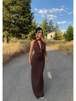 Kahve Vogue Degaje Maxi Elbise