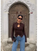 Kahve Yaka Bağcıklı Volanlı Crop