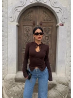 Kahve Yaka Bağcıklı Volanlı Crop