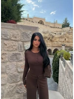 Kahve Yaka Düğmeli İkili Takım